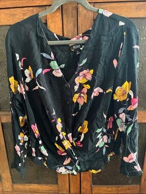 a.n.a Black Floral Wrap-Front Button Blouse